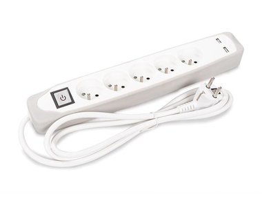 5-VOUDIGE STEKKERDOOS MET SCHAKELAAR - 2 USB-POORTEN - GRIJS/WIT - PENAARDE (EB5CGUSB)